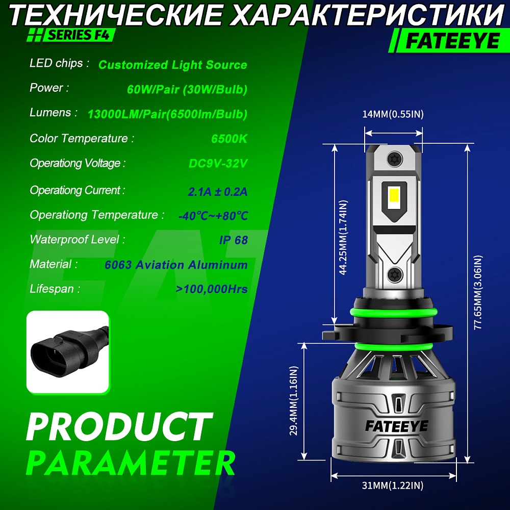 картинка Автомобильные светодиодные лампы FATEEYE F4 Led - HB4 9006 6500к, комплект 2 шт от магазина  StreetTuning